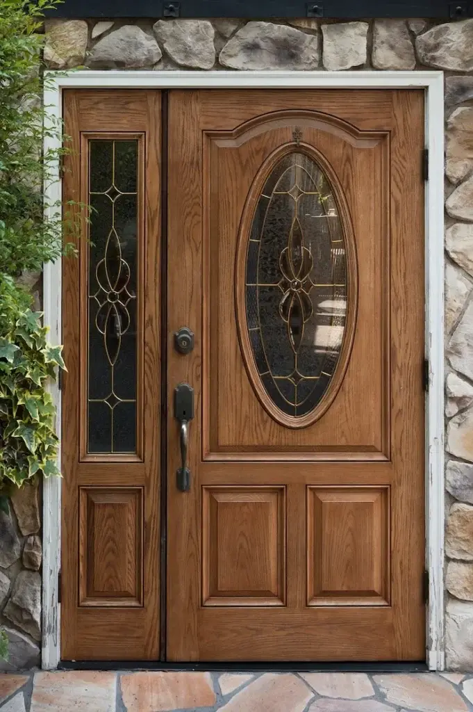 Front door made of wood with a glass insert, creating a welcoming entrance.
