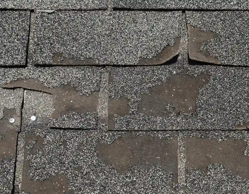 A roof with numerous holes and cracks, showing worn shingles.