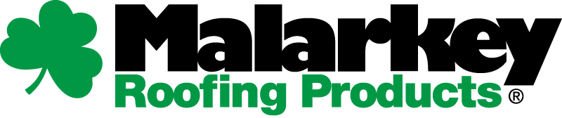 Logo for Malarkey Roofing Products with green shamrock, featuring black and green colors.